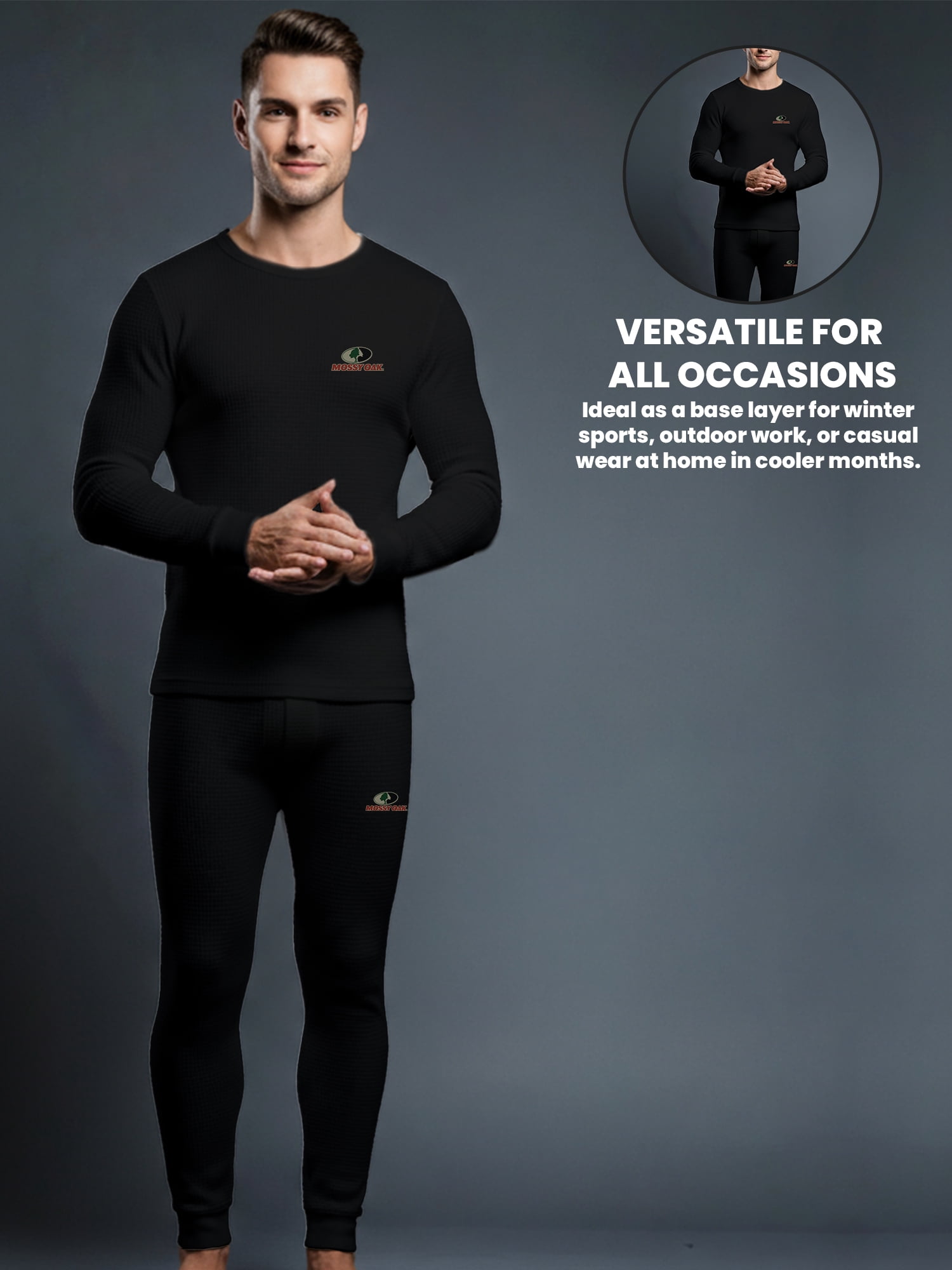Mossy Oak Mens Thermal Underwear Set Insulated Shirt & Long Johns, Black 2X