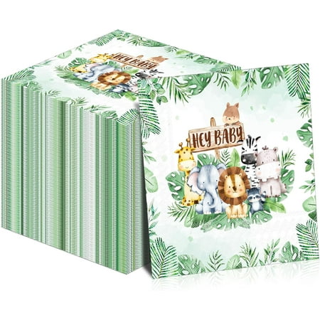 100 Pcs Safari Baby Shower Napkins Jungle Animal Sage Green Paper Napkins 3 Ply Greenery Jungle Baby Shower Disposable Napkin for Animal Theme Birthday Party Supplies