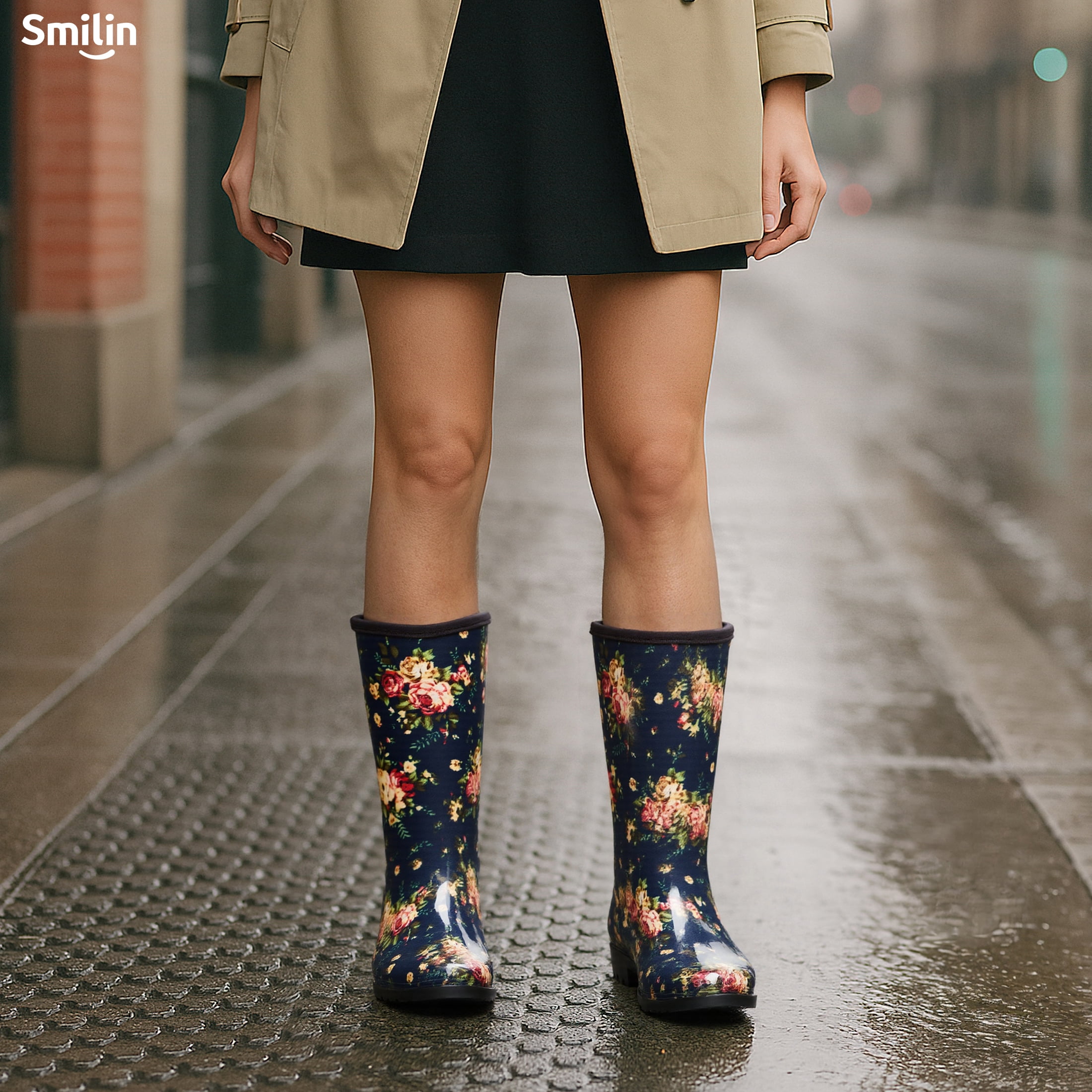 SMILIN Women's Rain Boots, Waterproof Non-slip High Ankle Garden Boots，Navy Floral, Size 8