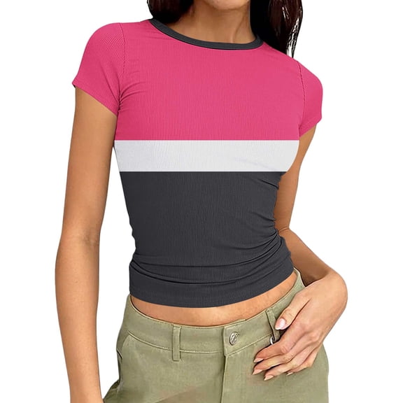 XFLWAM Women's Short Sleeve Crop Tops Crew Neck Ribbed Knit Y2K T Shirts Casual Slim Fitted Color Block Basic Tee Shirts