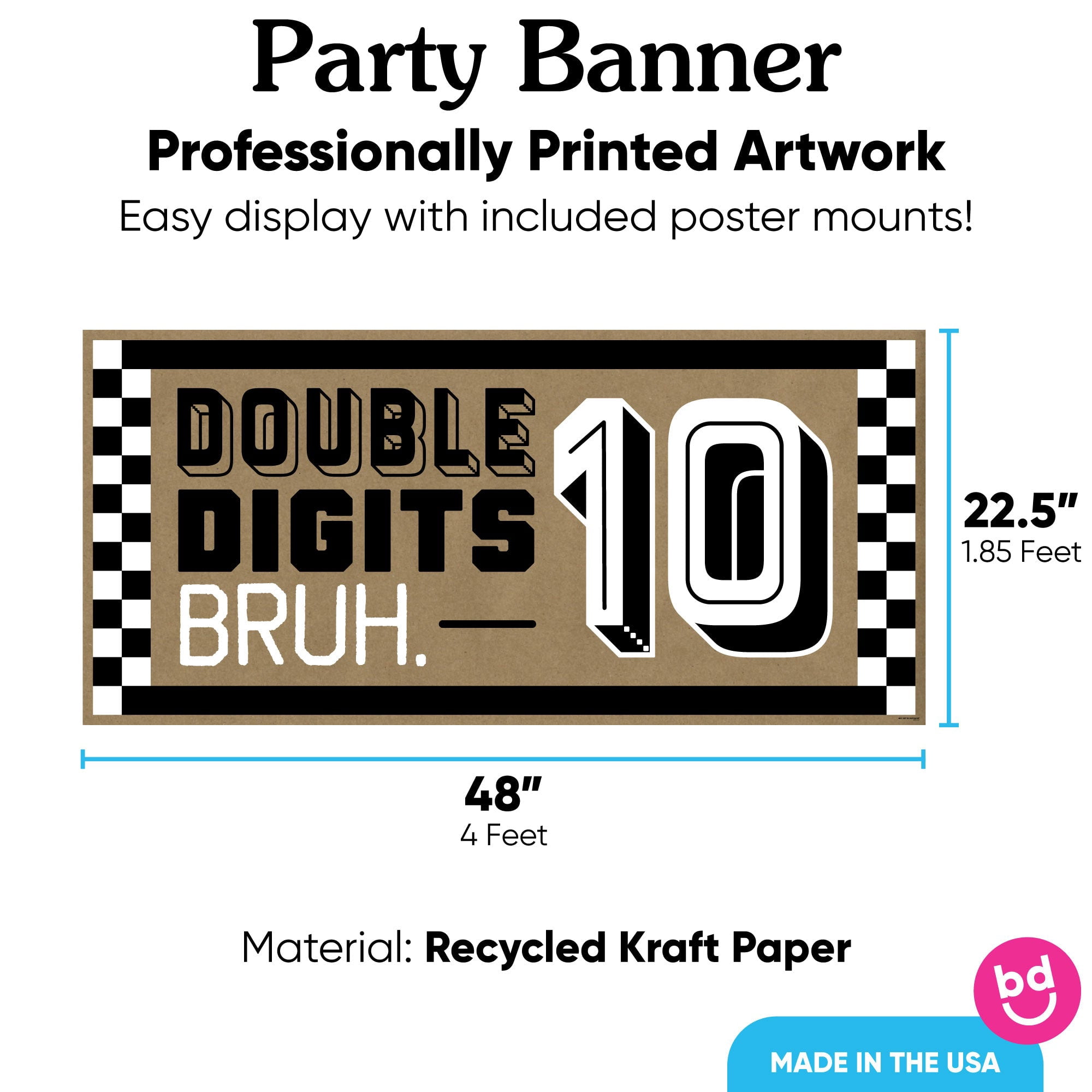 Big Dot of Happiness 10th Birthday Bruh Kraft Paper Banner, Double Digits Boy Birthday Party Welcome Banner, Printed Brown Paper Party Sign Decoration – 1 Count