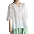 thumbnail image 1 of Camisa vintage de lino bordada para mujer: cuello en V holgado, manga 3/4, mezcla transpirable, jersey informal, blusa para todas las estaciones, 1 of 8