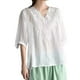 thumbnail image 1 of Camisa vintage de lino bordada para mujer: cuello en V holgado, manga 3/4, mezcla transpirable, jersey informal, blusa para todas las estaciones, 1 of 8