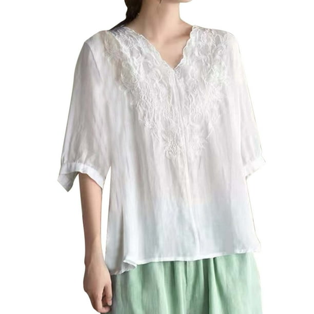 Camisa vintage de lino bordada para mujer: cuello en V holgado, manga 3/4, mezcla transpirable, jersey informal, blusa para todas las estaciones
