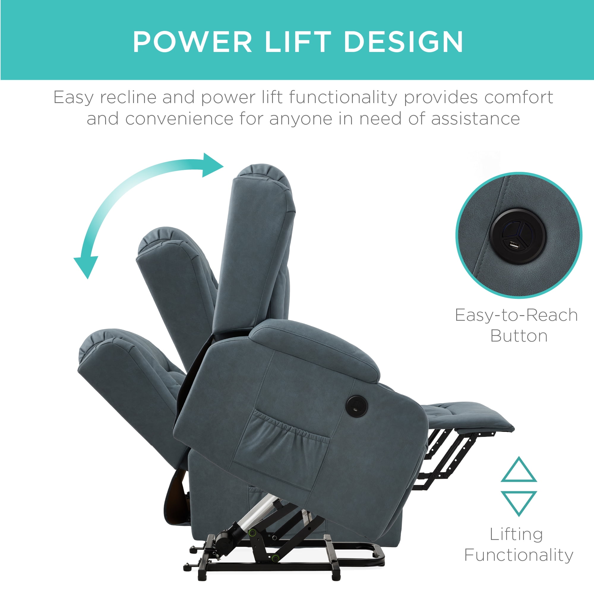 Best Choice Products Electric Power Lift Recliner Massage Chair Furniture w/ USB Port, Heat, Cupholders - Blue