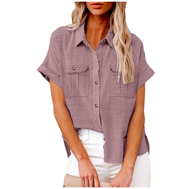 fheaev Button Up Shirts For Women Roll Up Short Sleeve Button Down Cotton Linen T-Shirts With Pocket V-Neck Work Tunics Blouse Collared Tops