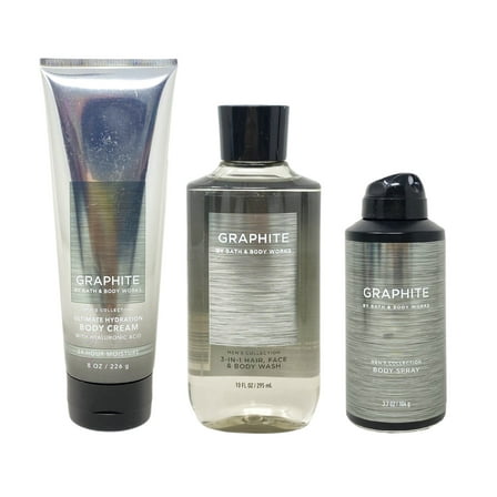 Bath and Body Works Men's Collection Graphite Trio Gift Set - Body Cream - 3-in-1 Hair, Face & Body Wash - Body Spray - Full Size