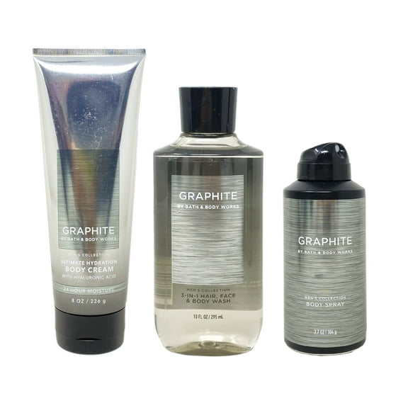 Bath and Body Works Men's Collection Graphite Trio Gift Set - Body Cream - 3-in-1 Hair, Face & Body Wash - Body Spray - Full Size