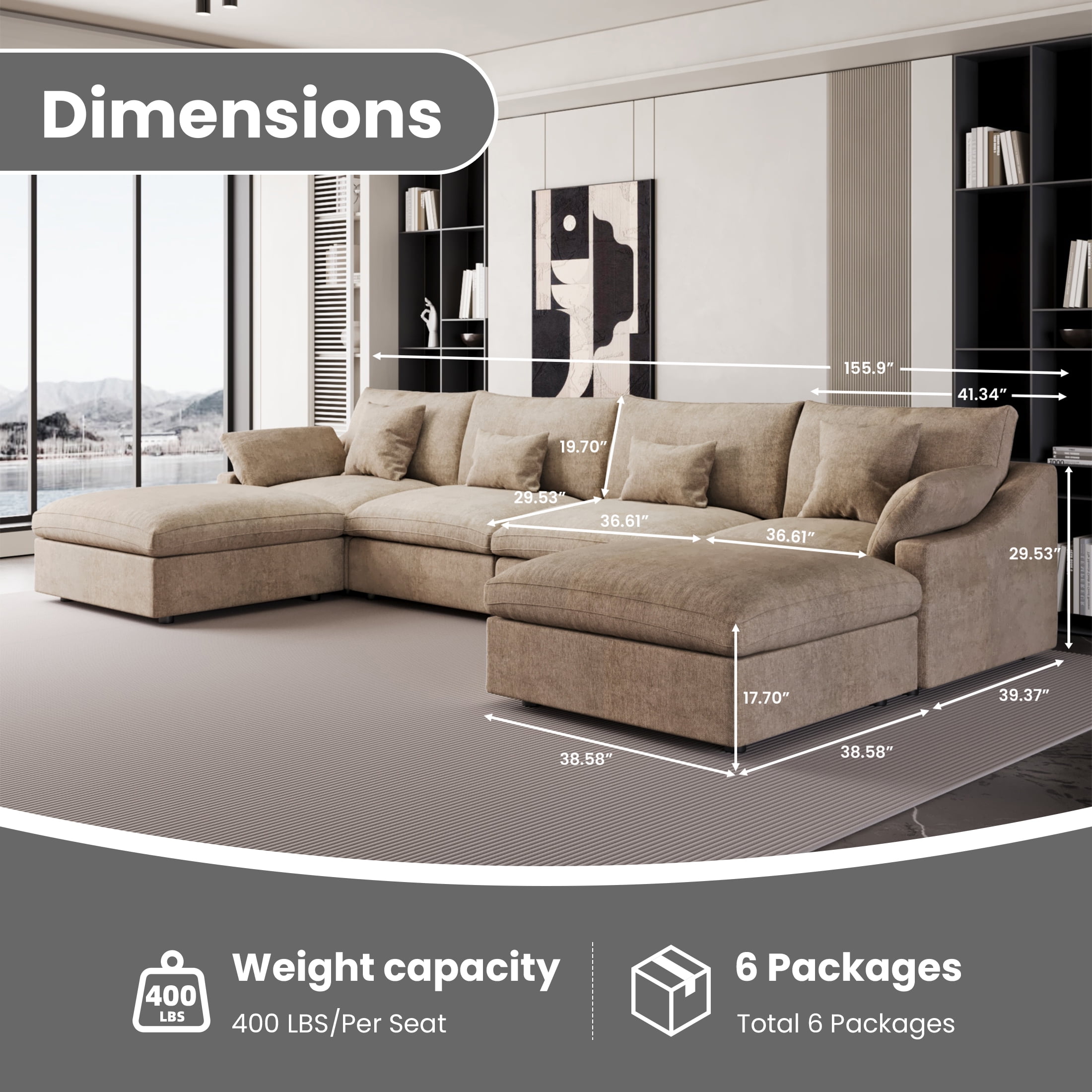 The Magic Home Modular Sofa & Sectional Sofa - U Shaped Deep Seat Cloud Couch in Soft Linen Blend Fabric,Perfect for Apartment & Small Space Living,4-seat Sofa with Two Ottomans,Khaki Couch