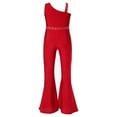 thumbnail image 2 of YONGHS Kids Girls Rhinestone One Shoulder Wide Leg Bell Bottom Jumpsuit Flare Pants Romper Burgundy 6, 2 of 7