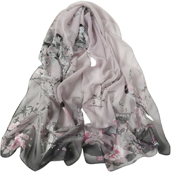 Gray Scarf Bird Woman Chiffon Long Silk Scarf Small Scarf Scarf