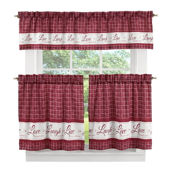 Gingham Check Live~Laugh~Love Complete 3 Pc. Kitchen Curtain Tier & Valance Set - Burgundy, 24 in. Long