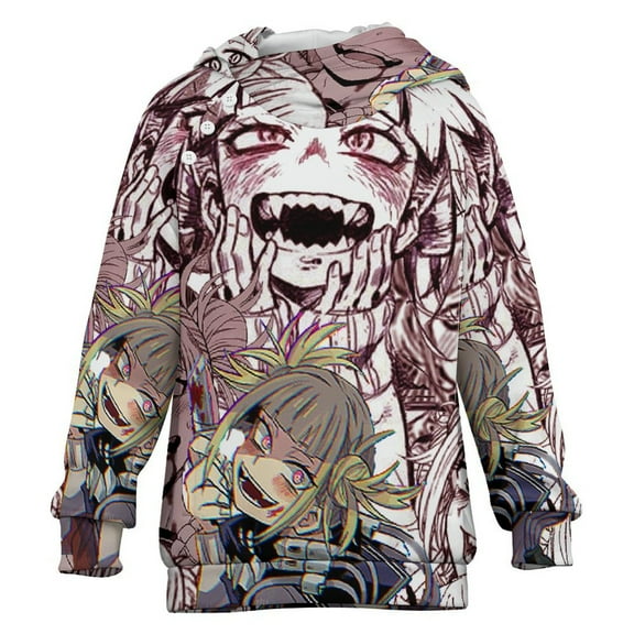 My Hero Academia Himiko Toga Kids Hoodie Raglan Sleeve Hooded Snap Sweatshirt Casual Wear Soft Breathable Outerwear Winter Clothes 6-7Y
