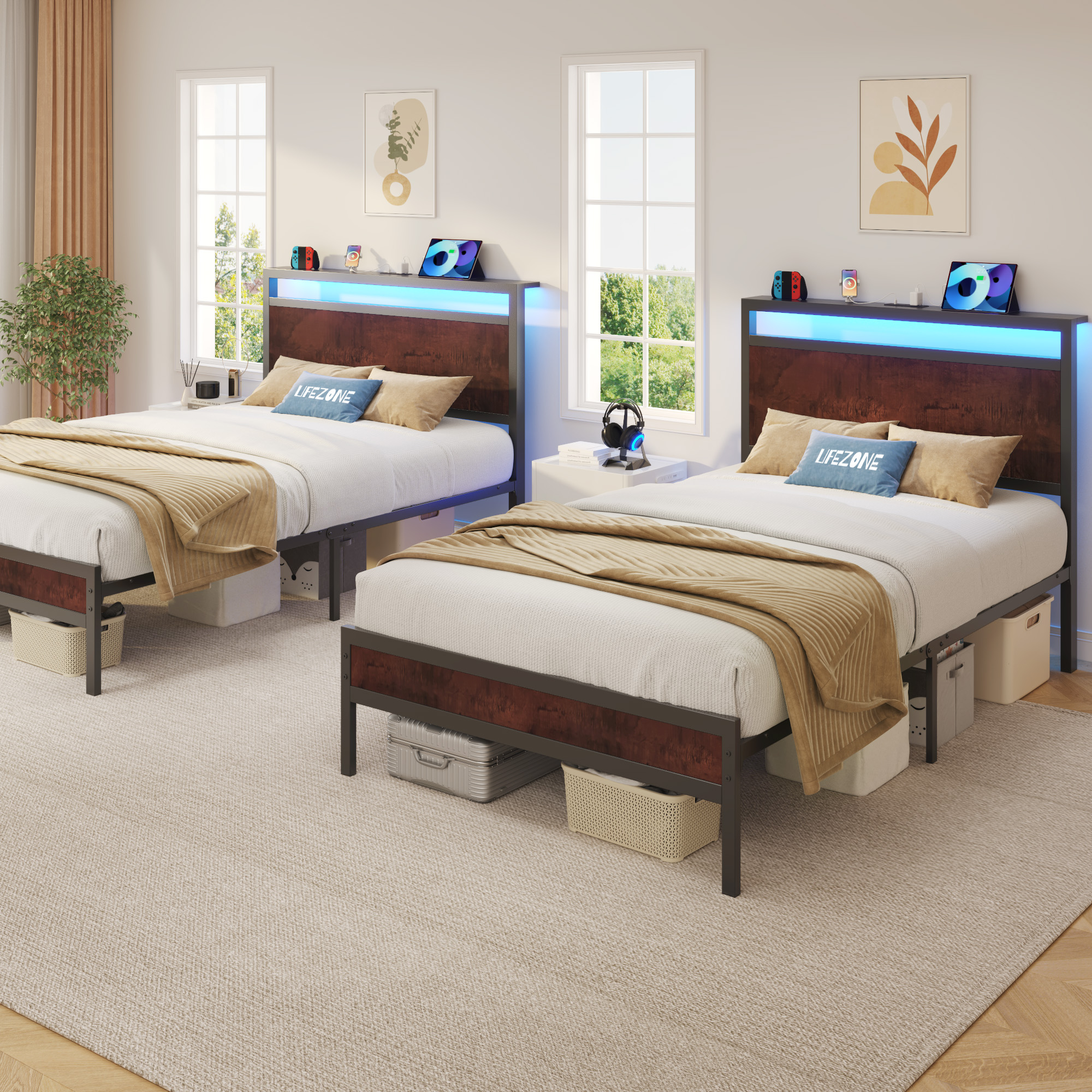 Lifezone Iron Wood Bed Frame, USB Port, LED Headboard, Noise-Free, Twin, Brown