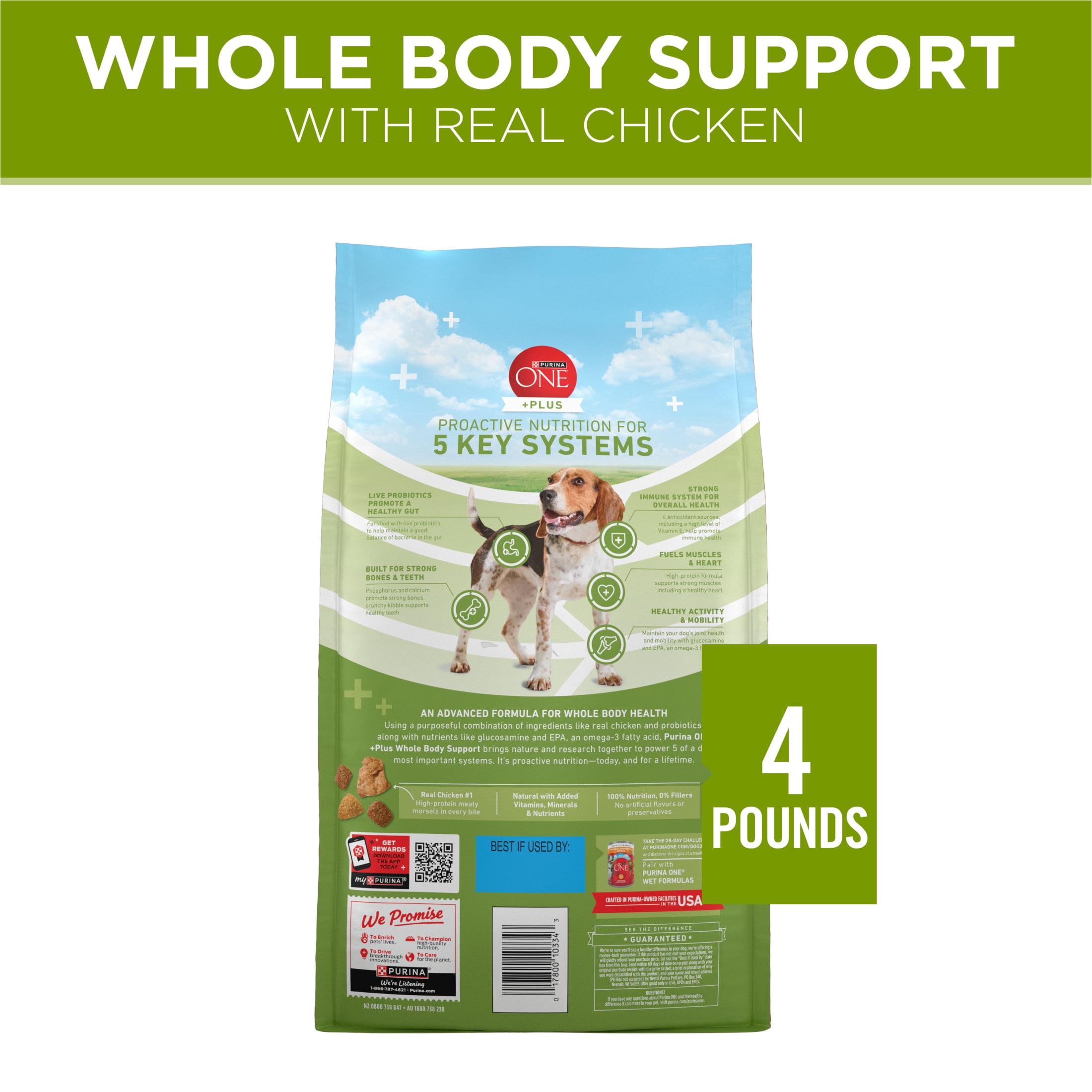 Purina ONE Plus Whole Body Support Chicken Flavor Dry Dog Food, 4 lb Bag