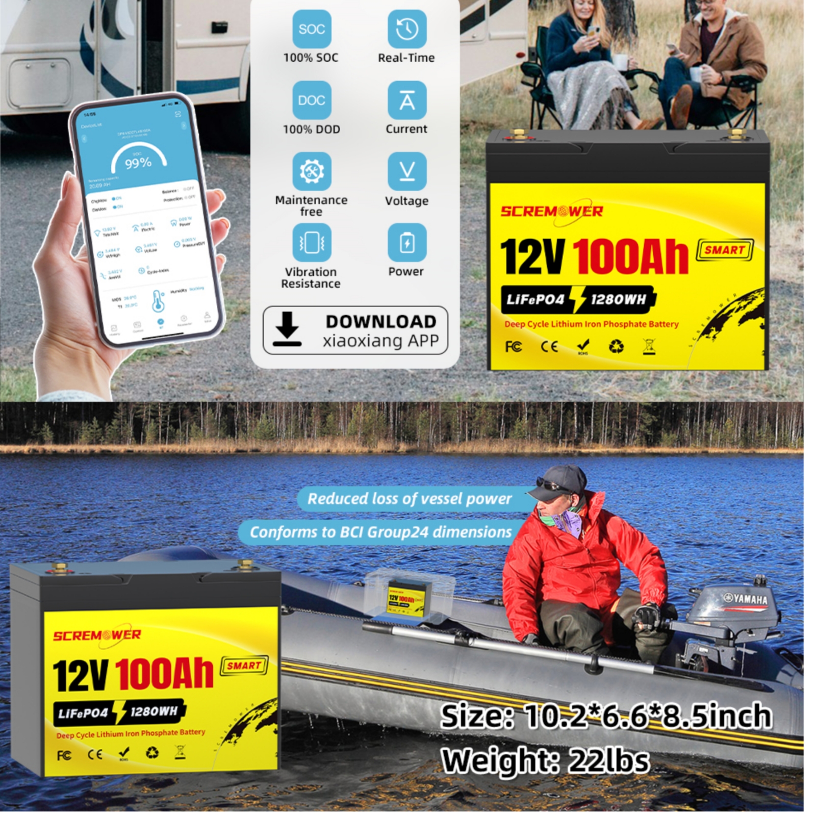 10in Mini 12V 100Ah LiFePO4 Lithium Battery 100A BMS for 300W Solar Pannel, Marine, RV,Camping