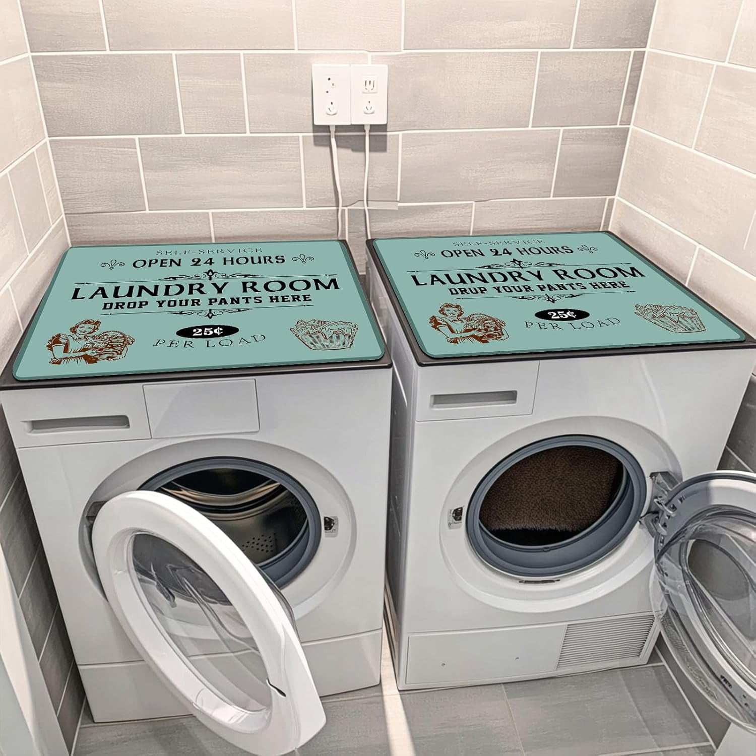 Non-Slip Washer & Dryer Top Cover Protector Mat Dust-Proof Washing Machine Cover Pad With Vintage Teal & Green Laundry Sign Design Universal 23.6"x19.7" for Laundry Room & Kitchen Decor