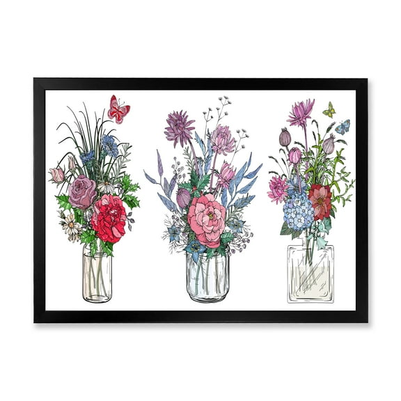 Designart 'Transparent Vases With Bouquets of Wildflowers I' Farmhouse Framed Art Print