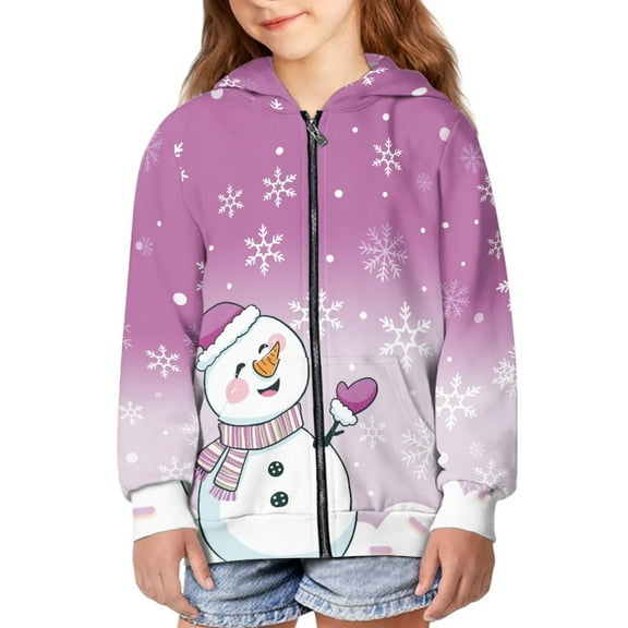 Psesaysky Boys Girls Fleece Hoodies Cute Snowman Purple Zipper Hoodie Casual Hooded Sweatshirts with Pocket Winter Coat Jacket for Age 6-7 Kids
