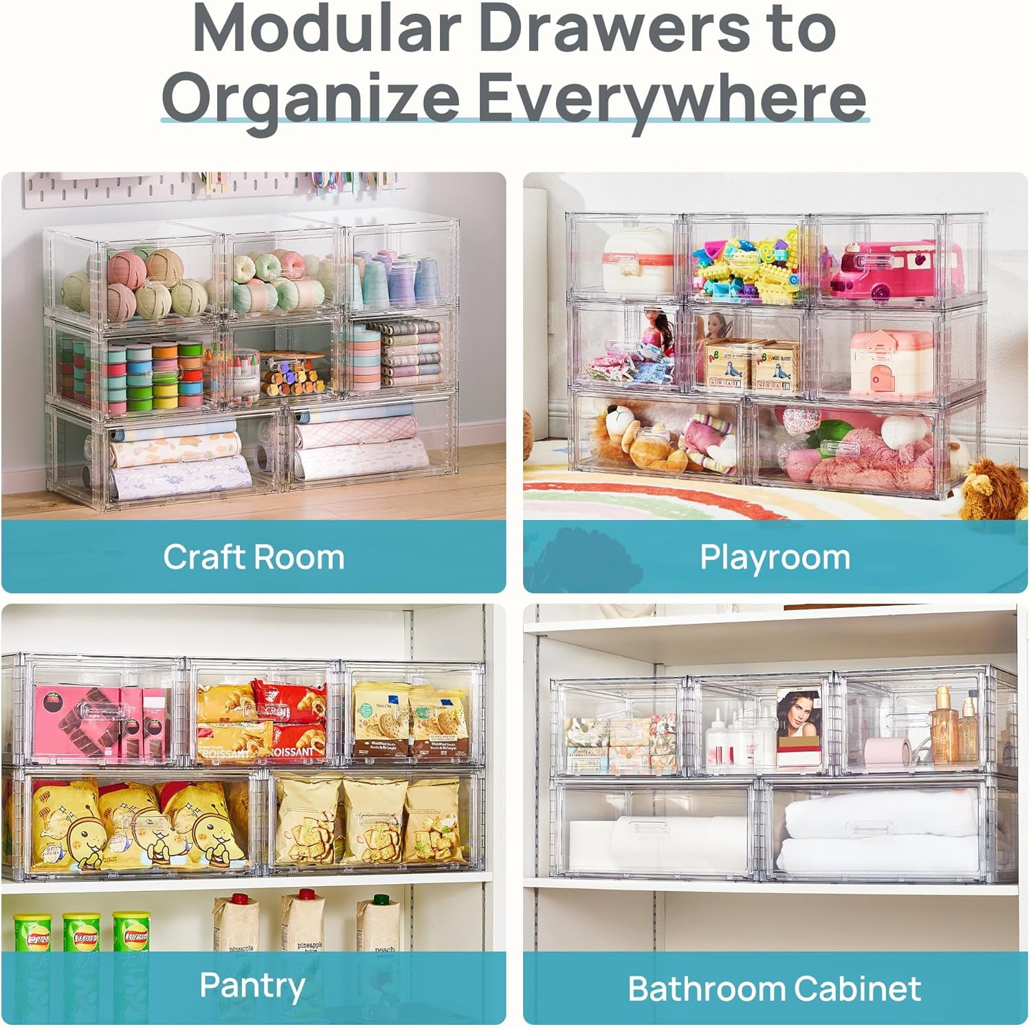 NIUMU 5 Pack Large & Medium Stackable Drawer Organizer Set, 108QT Easy Assembly Clear Plastic Storage Cabinet, Durable Dresser for Closet, Bedroom, Entryway, Playroom & Apartment Organization
