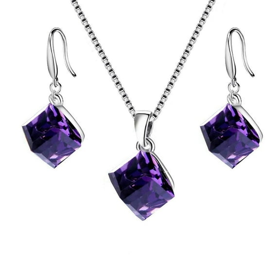 Uloveido Square Cube  Crystal Necklace Purple Dangle Earrings Set (Box Packing) Y418-Purple-Set