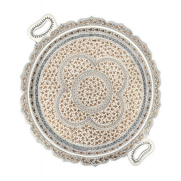 White Round Papier-Mâché Tray with Hand-Painted Chinar Leaf Designs – Versatile Kashmiri Décor