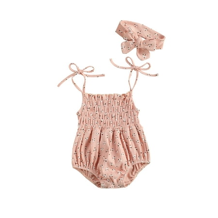 

Qiylii Baby Girls Floral Printed Romper Sleeveless Strap Bodysuit+Headband