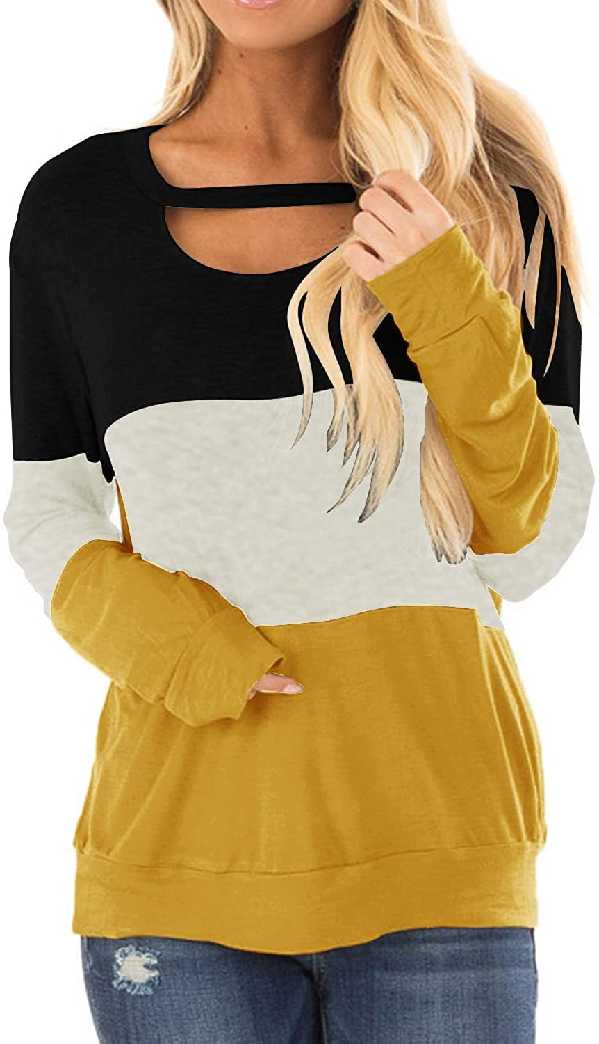 Topstype Women's Long Sleeve Tunics Color Block Cutout Sweatshirt Loose Fit Tops