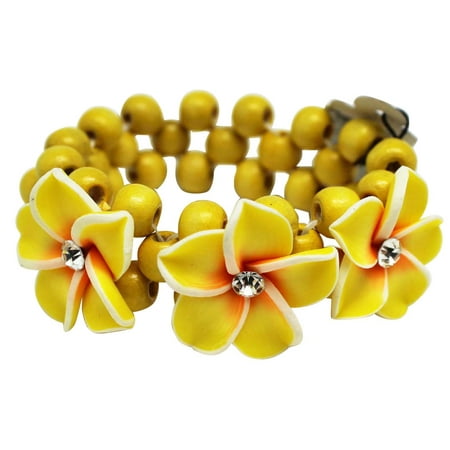 Fashion Jewelry Coco Beads - Tropical Yellow Beaded Coco Flower Bracelet With White and Orange Accented Flower Charms