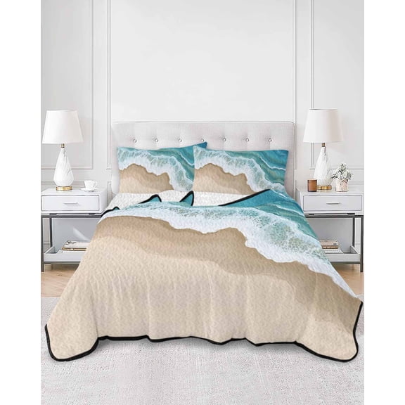 Quilts Twin XL Size, Turquoise Ocean Soft Comforter Bedding Set for Bed, Gradient Brown Shore Sandy Beach Abstract Lightweight Quilted Bedspread with Pillow Cover(2 Pieces) for All Season, 68x98 Inch