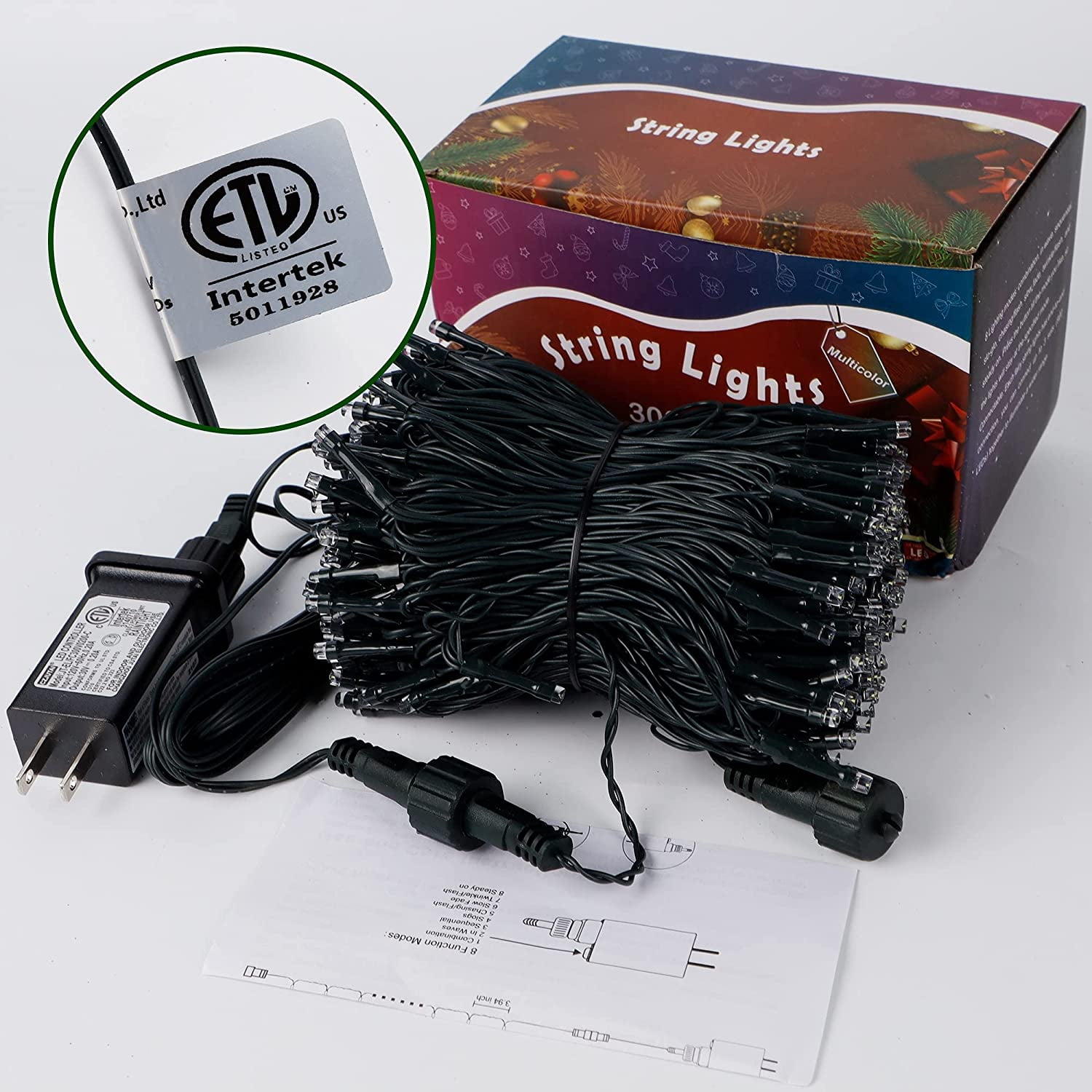 Sinhoon 300 LED Christmas String Lights, 99FT Outdoor Xmas Decorative Green Wire LED Fairy Lights, 8 Lighting Modes, Waterproof & Connectable for Party Garden Wedding Home Decoration, Multicolor