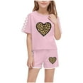 thumbnail image 3 of Piuwrlz Kids Outfit Set for Girls Summer Short Sets Printed Round Neck Tight Shirt T-Shirt and Shorts Set Pink Size 10 Years, 3 of 9