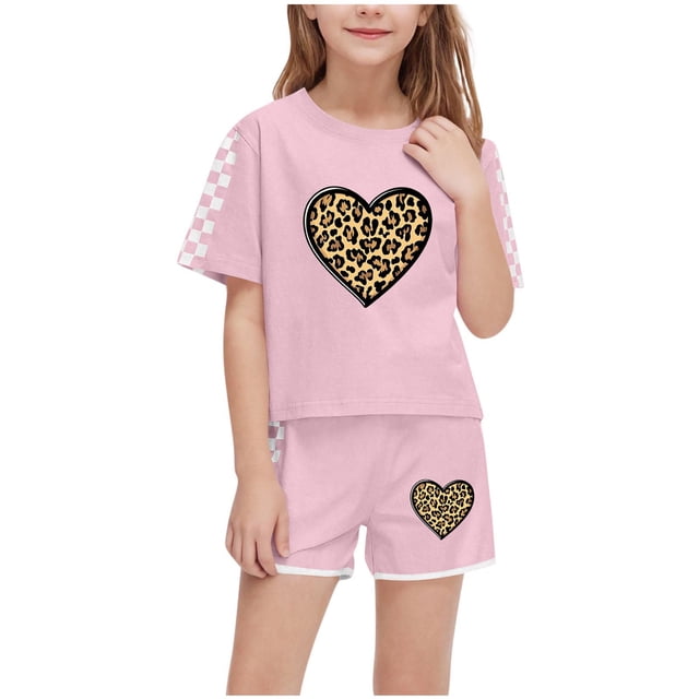 IFNWSV Ensembles d'Été pour Filles Mode Décontractée Manches Courtes Col Rond Col Bouton Imprimé Ensembles de Shorts 7 Ans