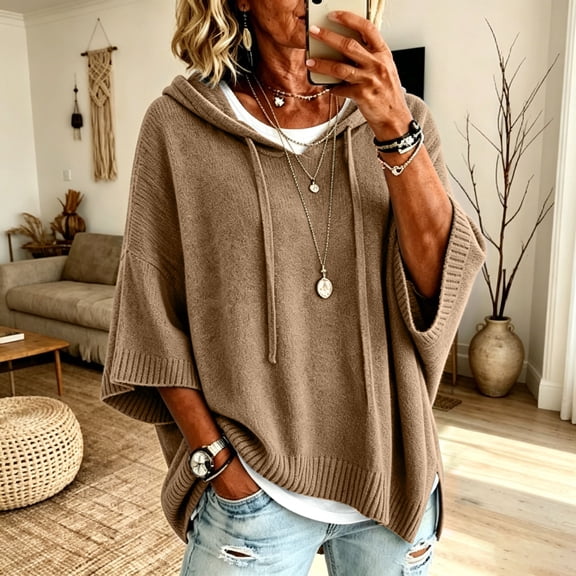 Womens Solid Color Knit Hoodie Drawstring 3/4 Sleeve Ribbed Hem Loose Fit Travel Lounge Outerwear Blouse Khaki L