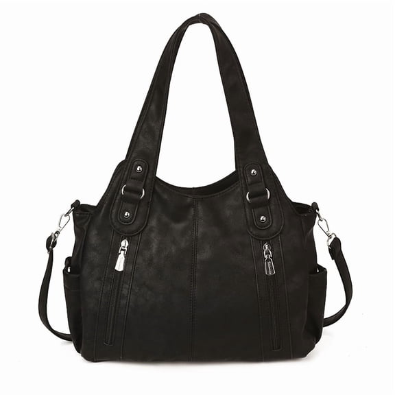 Multi-pocket Tote Bag, Solid Color Shoulder Bag, Water Resistant Underarm Bag for Commute Work Travel, Black