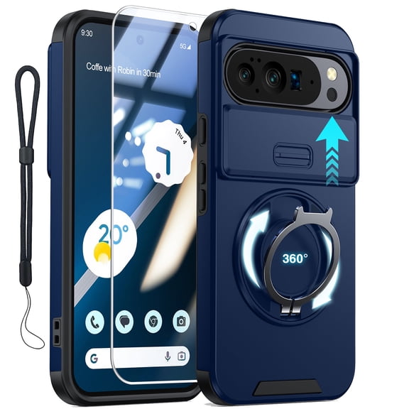 for Google Pixel 10 Pro Case with Stand, Heavy Duty Shockproof Magnetic Case with Slide Camera Lens Cover, Phone Cover with Screen Protector for Pixel 10 / 10 Pro,Blue