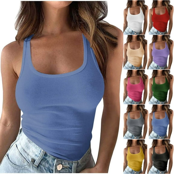 Womens Plus Size Ribbed Tank Top Sleeveless Slim Fit Solid Color Going Out Casual Wear