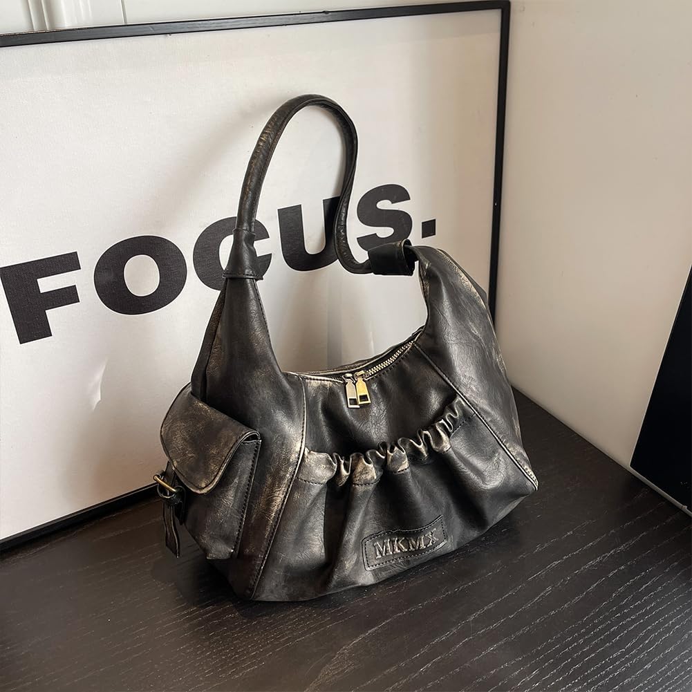 CAILDANL Hobo Bag Washed Leather Tote Bag Retro Crescent Shoulder Bag Y2K Aesthetic Grunge Bag Purse for Women