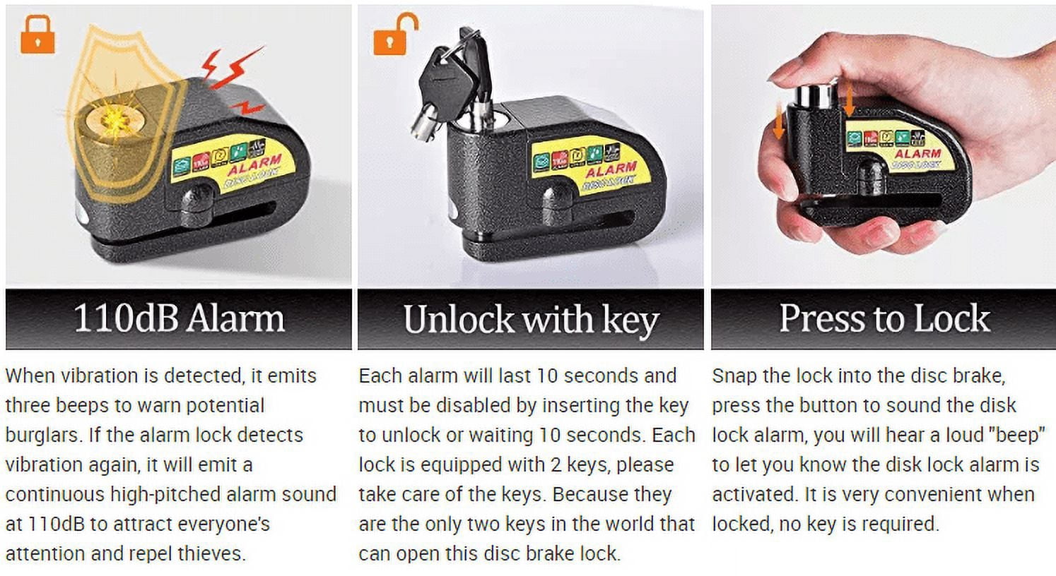 Anti Theft Waterproof Motorcycle Wheel Scooter Disc Bicycle Brake Alarm Bike Lock With Key-Red