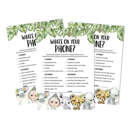 Inkdotpot 50What'sIn Your PhoneBaby Shower GameCards Safari Jungle Animals Activity CardsPartyIdea Baby Shower Party Supply