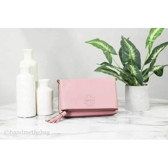 Tory Burch (67291) Thea Mini Pebbled Leather Foldover Crossbody Bag Clutch Handbag (Pink Magnolia)