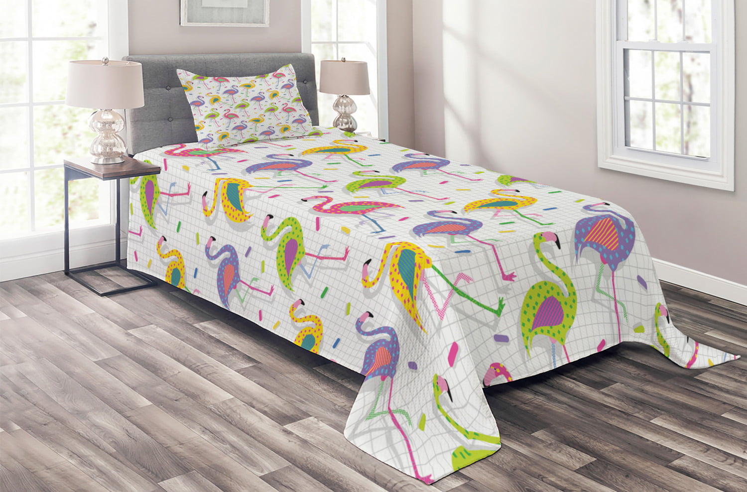 Botanical Flourish Print Details about   Flamingo Quilted Bedspread & Pillow Shams Set 