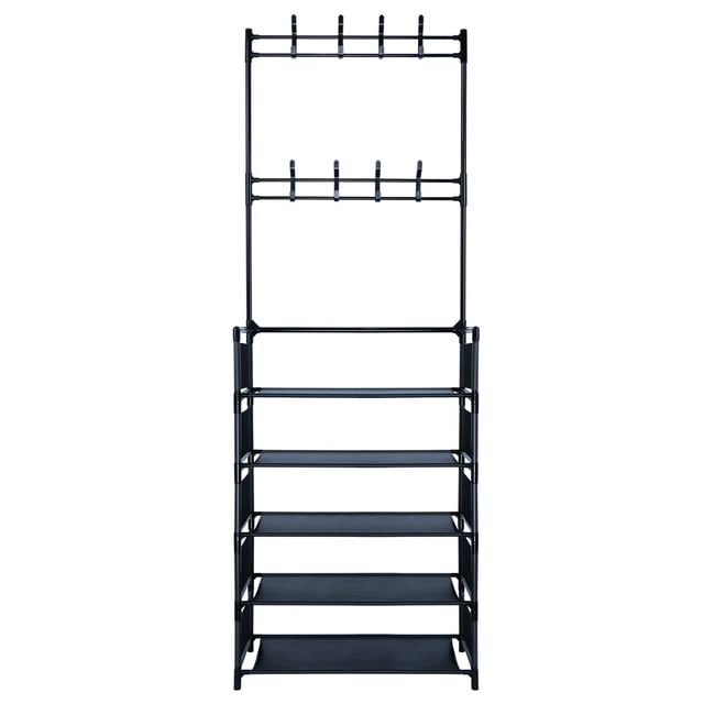 Hat 5 Tiers Metal Shoe Rack Hat Rack Adjustable Hall Tree with 16 Metal Hanger Hooks Side Cover for Entryway Bathroom Living Room Easy Assembly Black