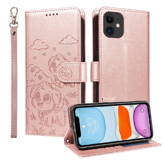 Funda Cartera GANGXUN con Diseño de Perrito en Relieve para iPhone 11 , Protección 360° con Ranuras y Correa Desmontable