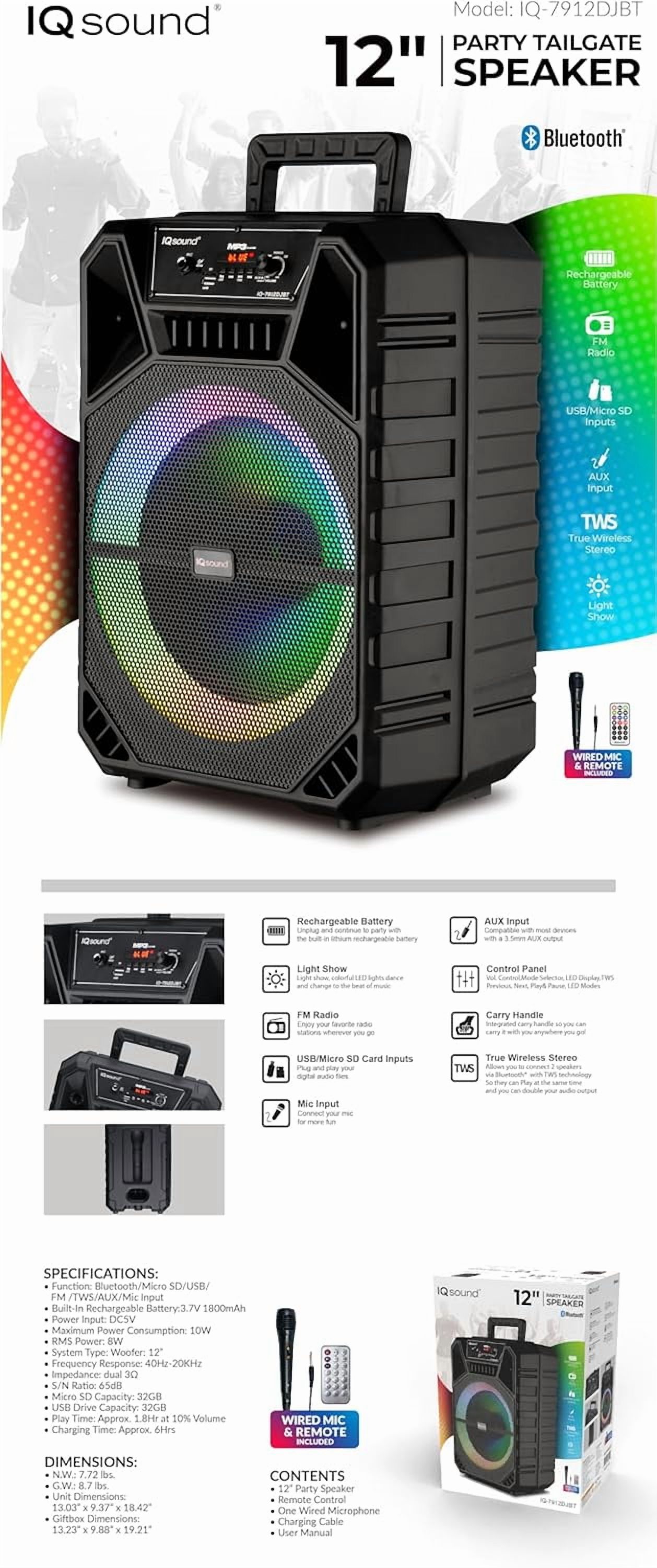 Supersonic 12" Portable Bluetooth Speaker with LED Lights and TWS (IQ-7912DJBT)