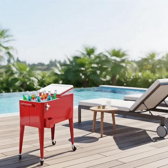 Topcobe Portable Outdoor Patio Cooler Cart, Outdoor Patio Furniture, Red