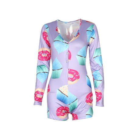 

Women Sexy One Piece Pajamas Lip Print Romper Long Sleeve V-Neck Jumpsuit