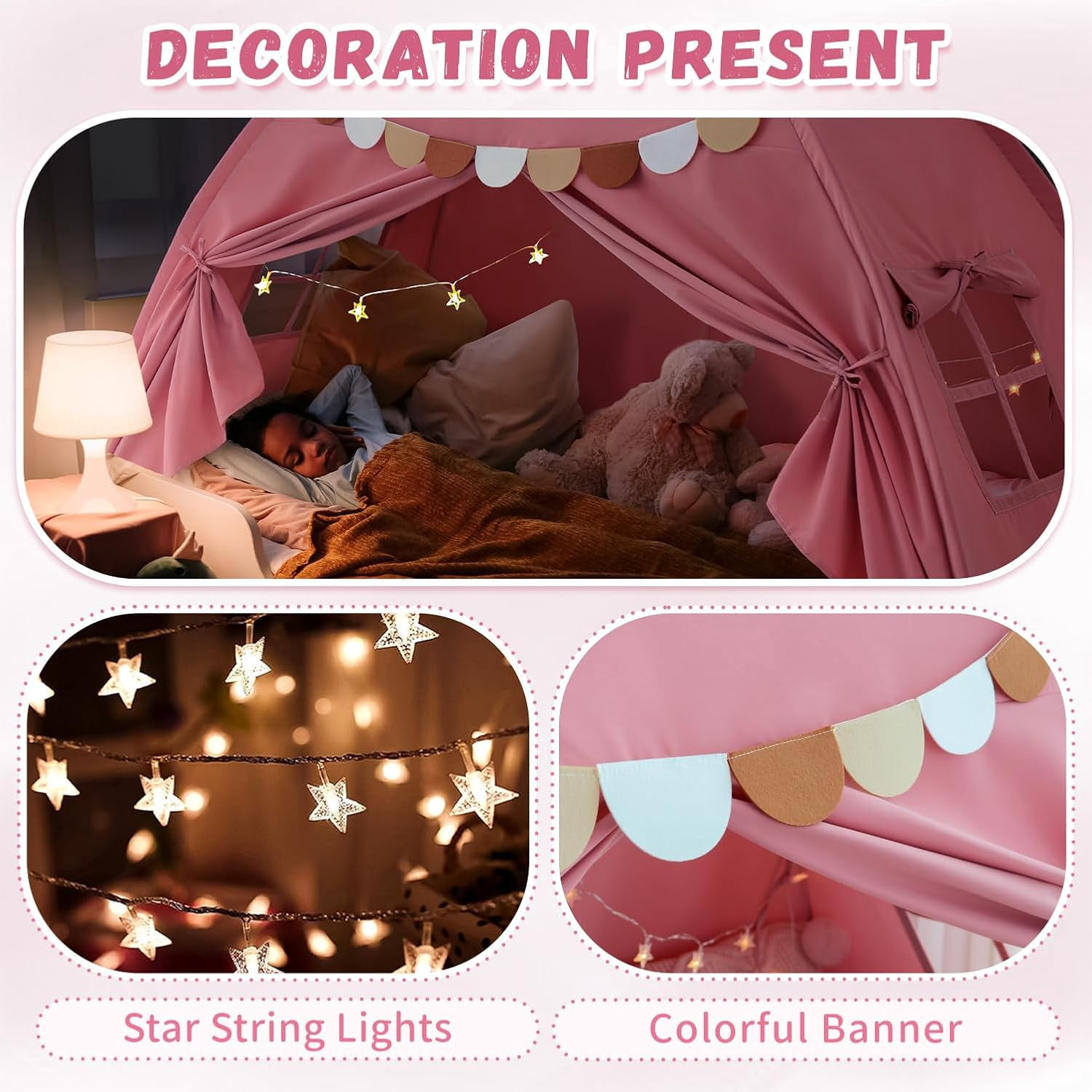 Bed Tent Twin, Bed Canopy for Kids Girls, Tents Toddler Portable Sleeping Tents Indoor, Pink Bunk Canopy Playhouse for Twin Size Bed