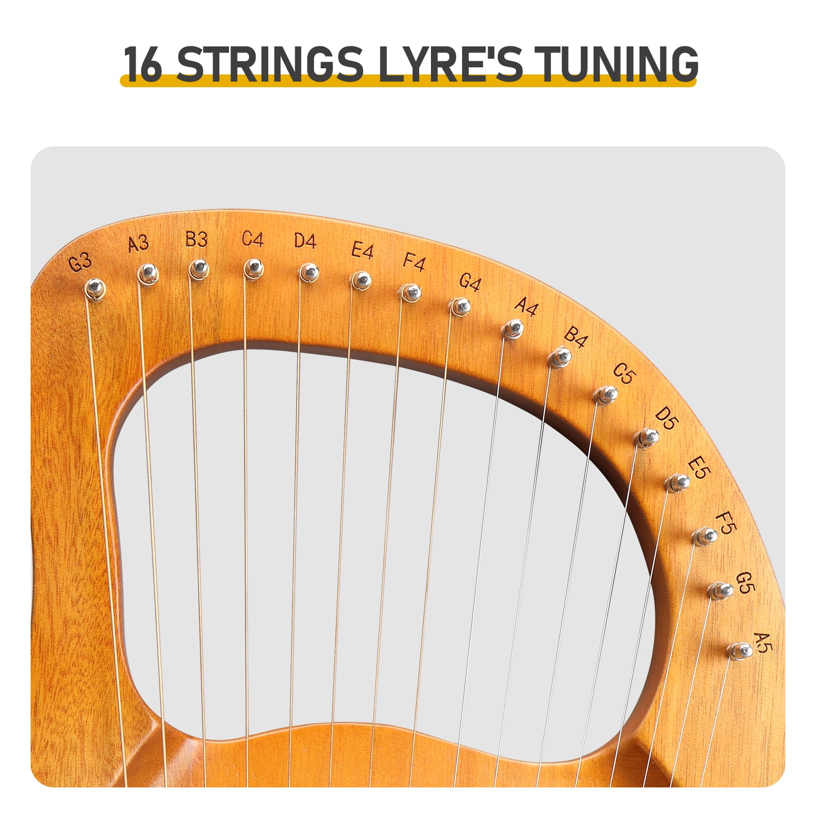 16-String Lyre Harp with Angel Wing Design, Sapele Wood Flat-Panel Body, Beginner-Friendly Instrument for Meditation and Relaxation, Includes Carry Bag and Tuning Wrench