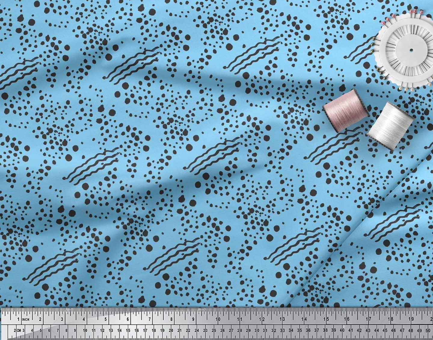 Soimoi Blue Heavy Satin Fabric Brush Stroke & Dots Abstract Decor Fabric Printed Yard 54 Inch Wide